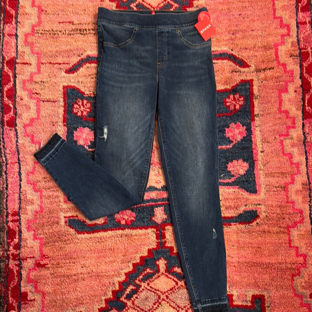 SPANX Blue Skinny Jeans with High-Rise Waist and Stretch